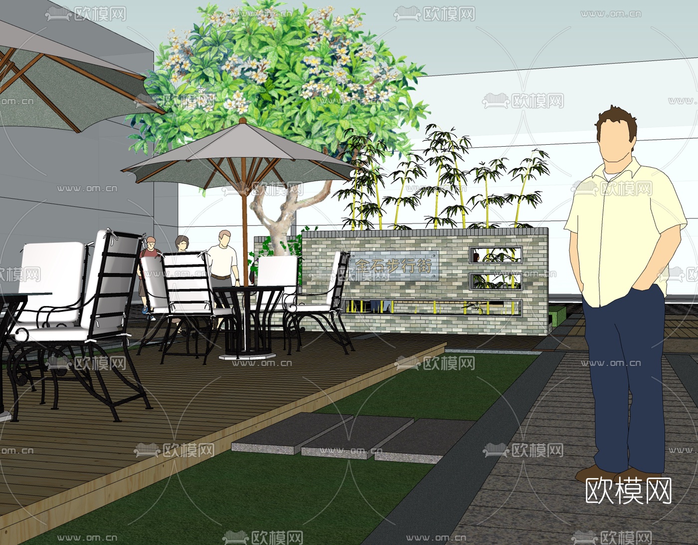 现代步行街景观免费su模型下载（渲染图2）