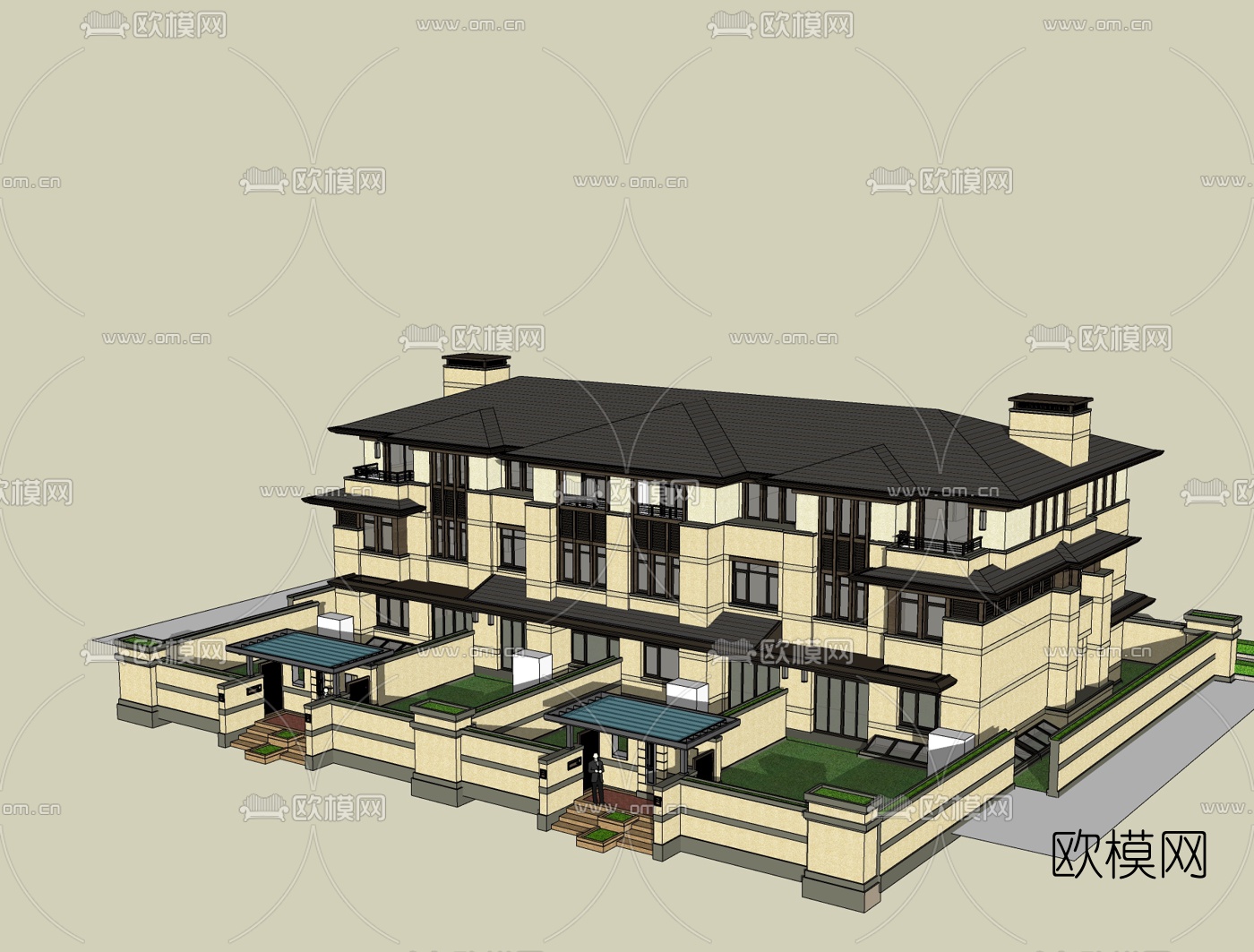 新中式连排别墅免费su模型下载