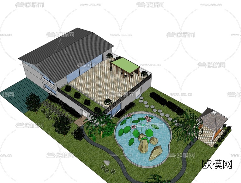 中式庭院景观免费su模型下载_ID10061938_sketchup模型下载-欧模网