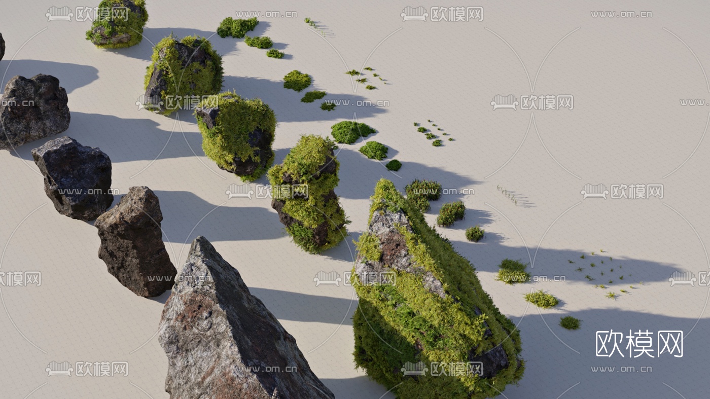 现代石头苔藓植物组合3d模型