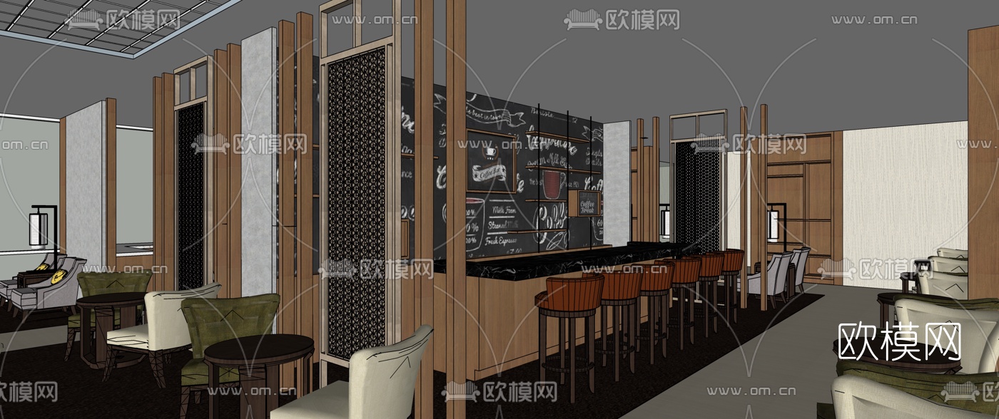 新中式酒店大堂吧su模型