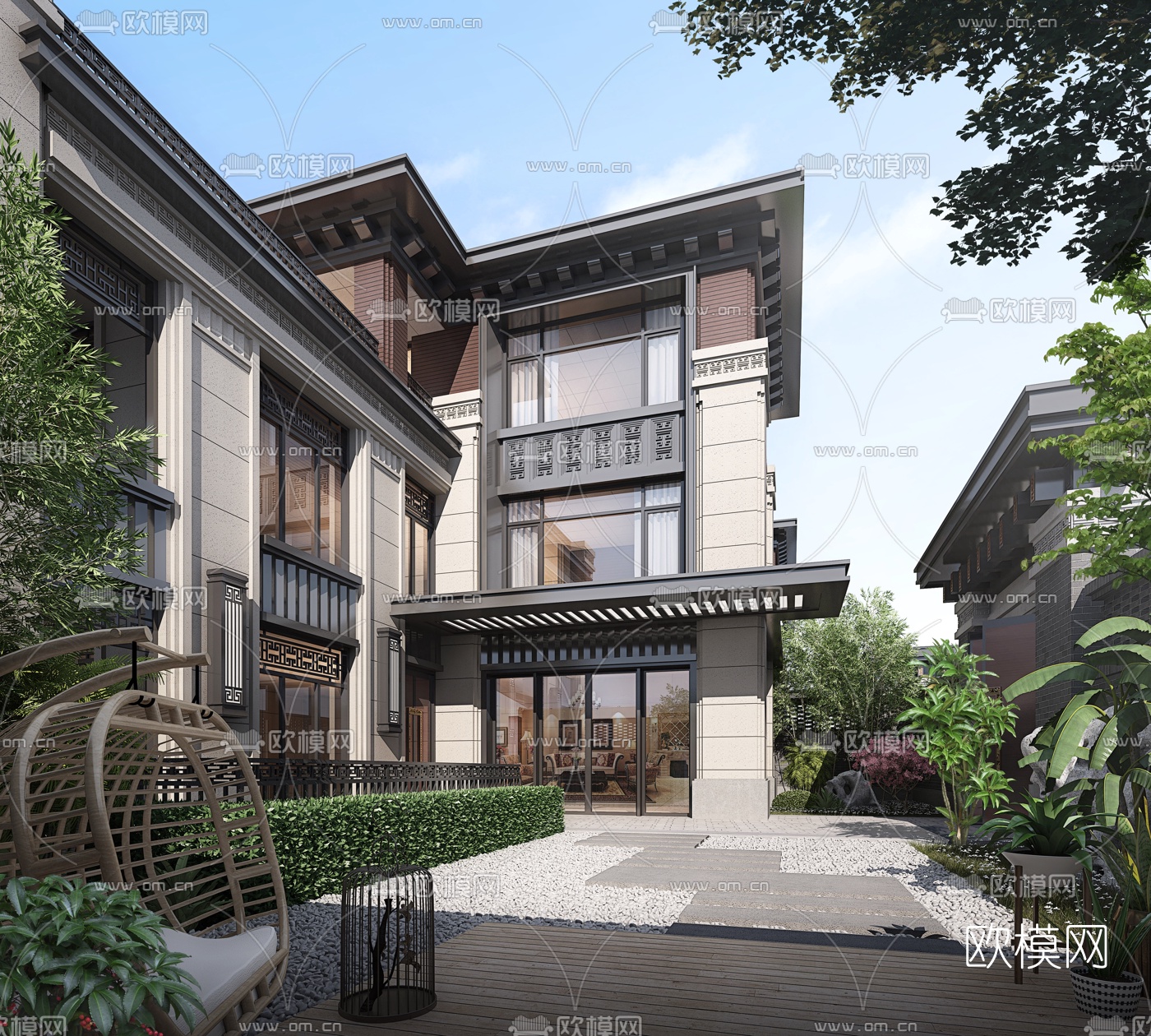 新中式别墅外观3d模型下载_ID10173022_3dmax免费模型-欧模网