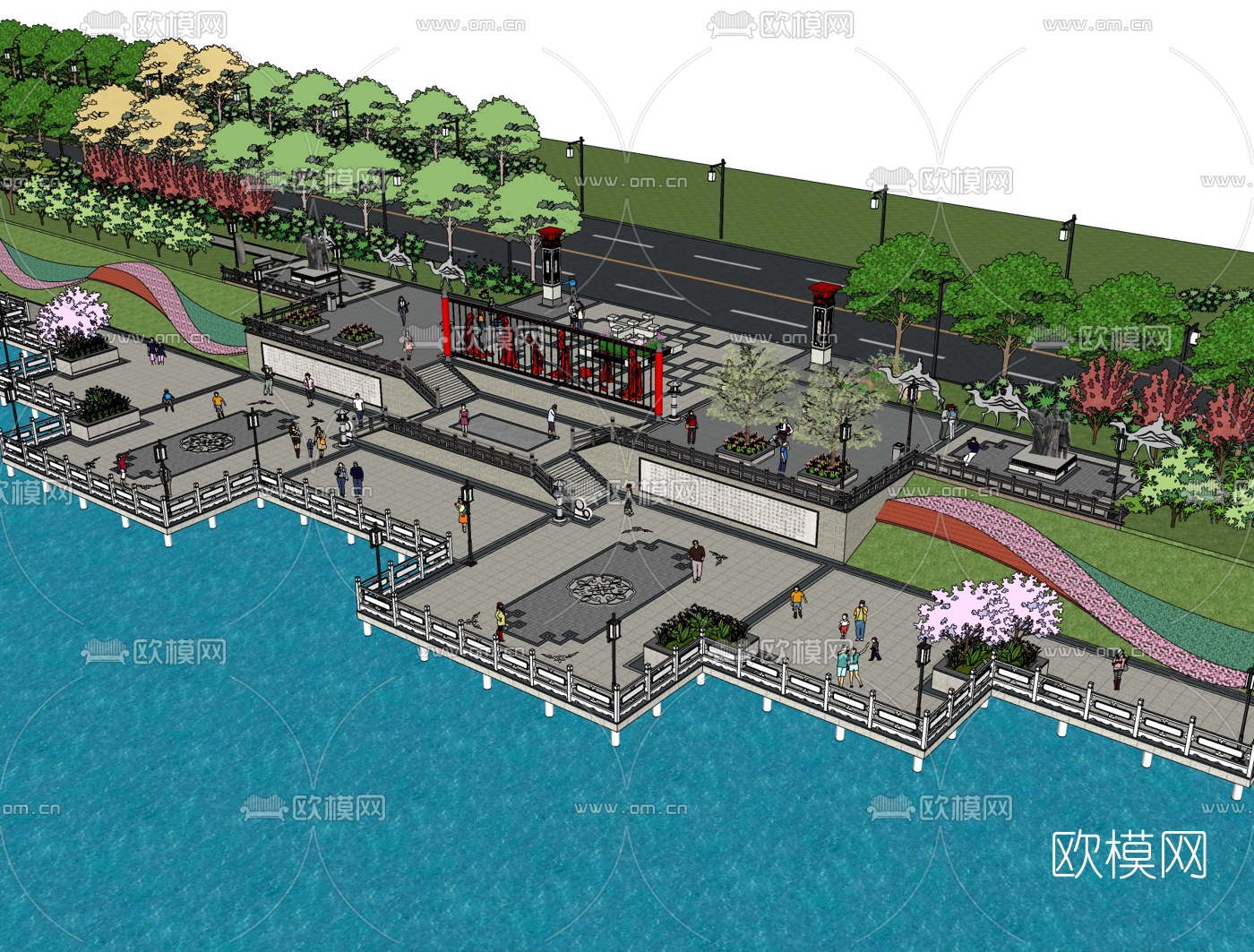 中式广场景观免费su模型下载