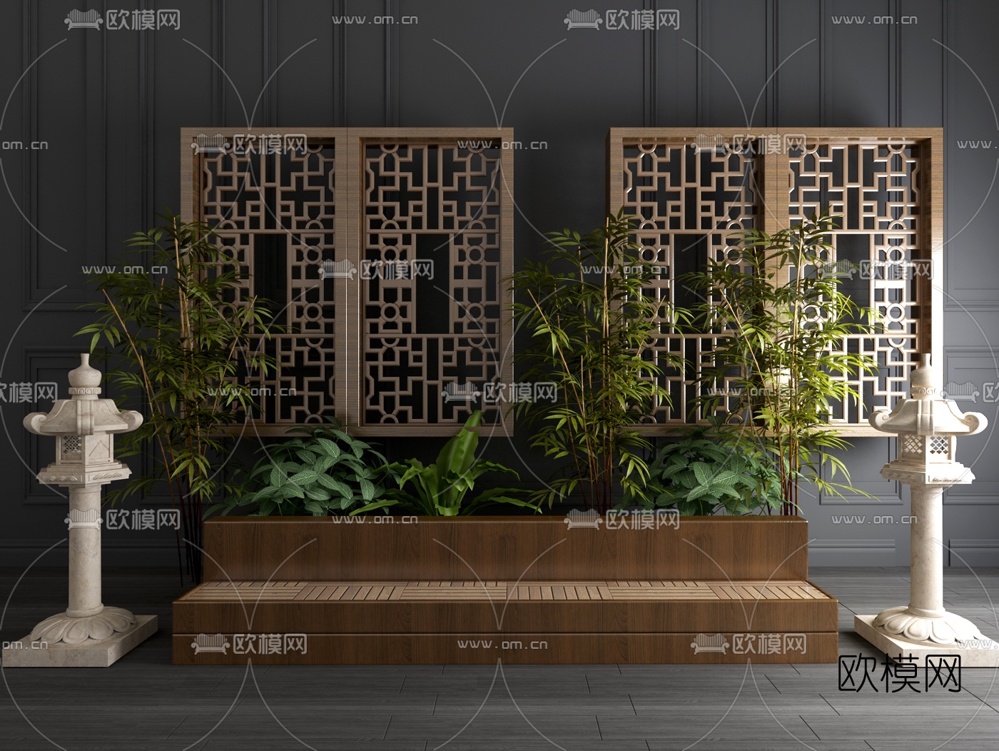 新中式盆栽假山园艺小品3d模型下载（渲染图3）