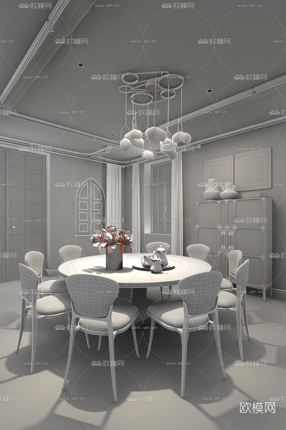 集艾设计 新古典混搭圆形餐桌椅3d模型下载（渲染图2）