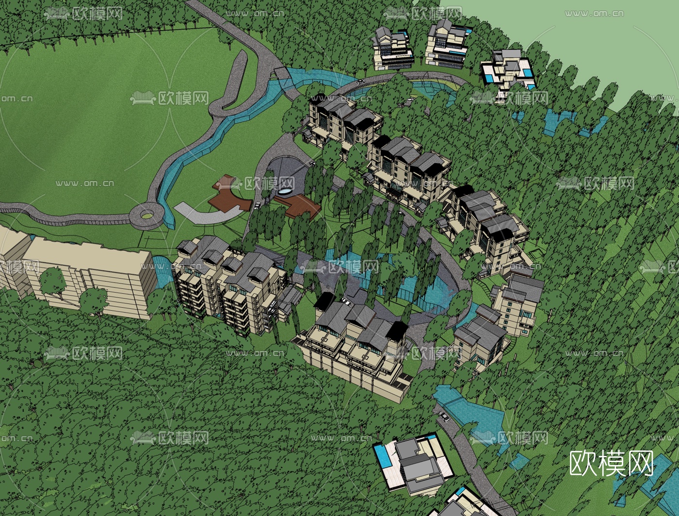 现代别墅区规划免费su模型下载