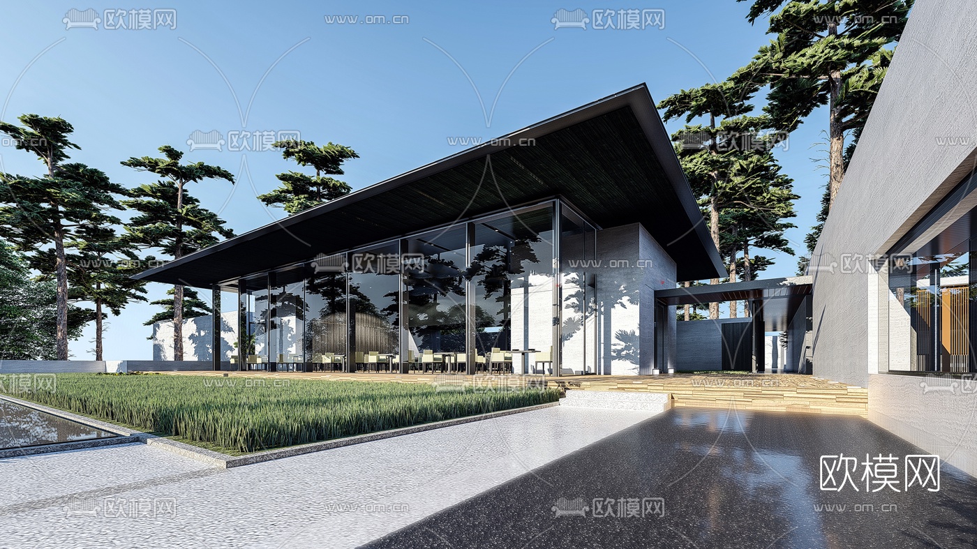 新中式餐厅建筑外观su模型下载（渲染图1）