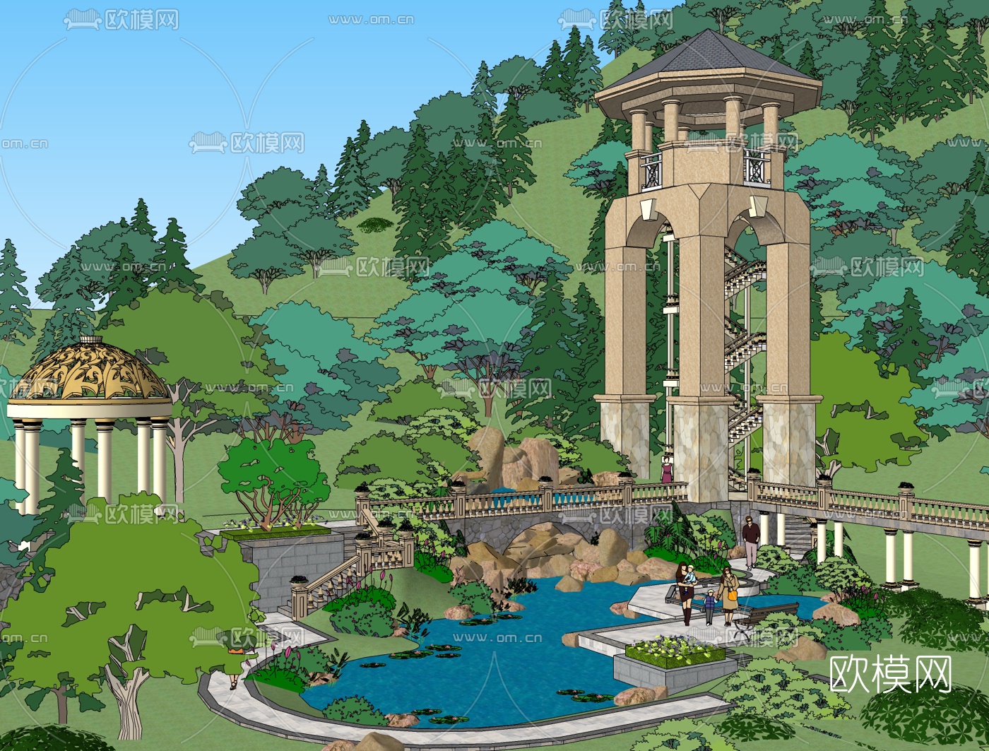 欧式庭院花园免费su模型下载（渲染图2）