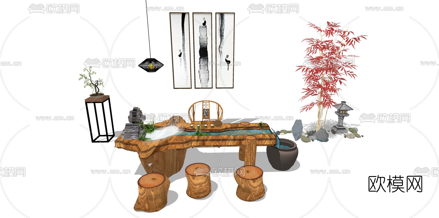 自然风茶桌椅su模型下载
