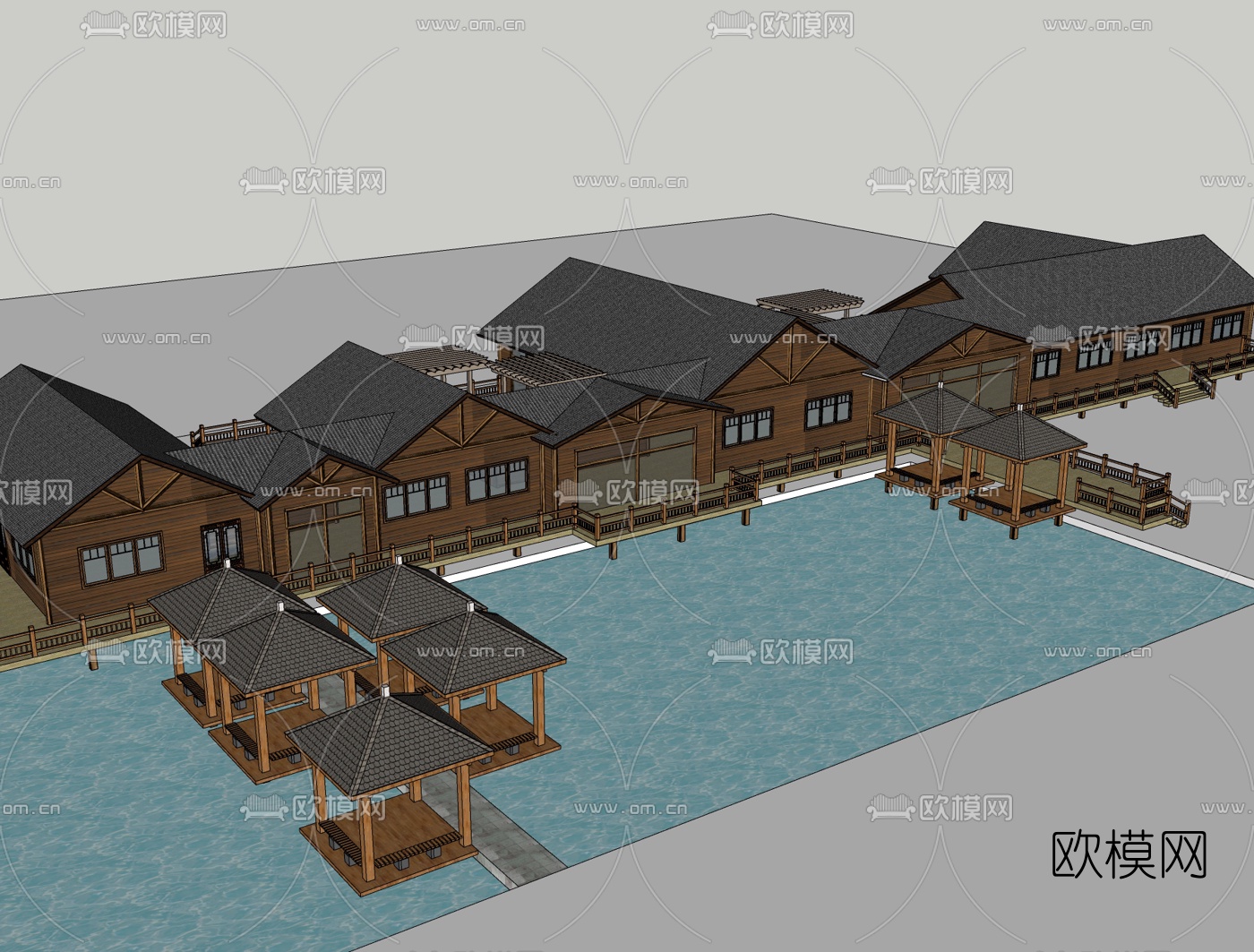 中式古建水寨免费su模型下载