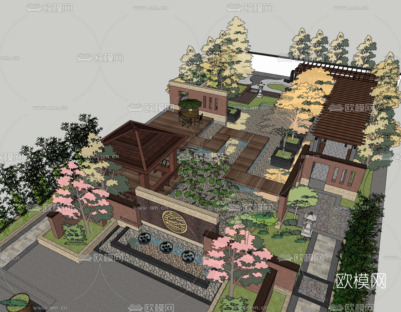 中式庭院花园景观su模型下载（渲染图2）