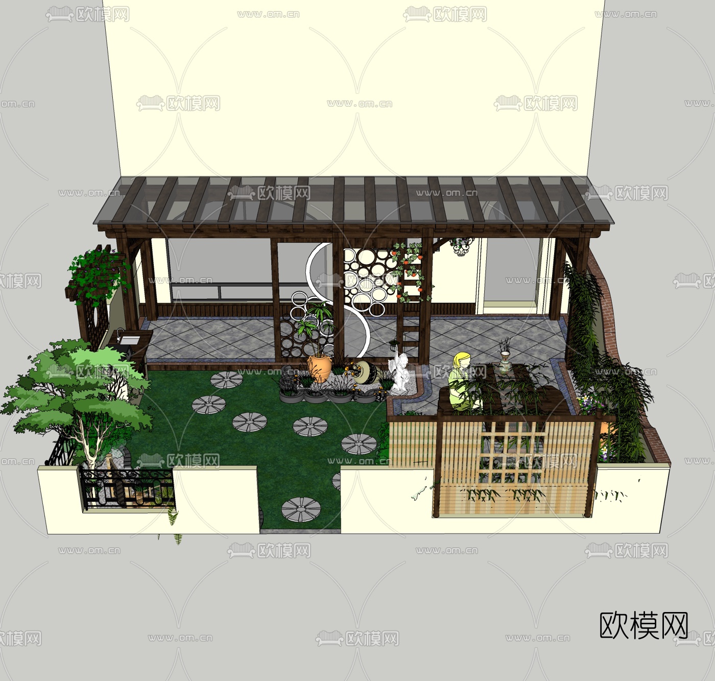 中式庭院花园su模型