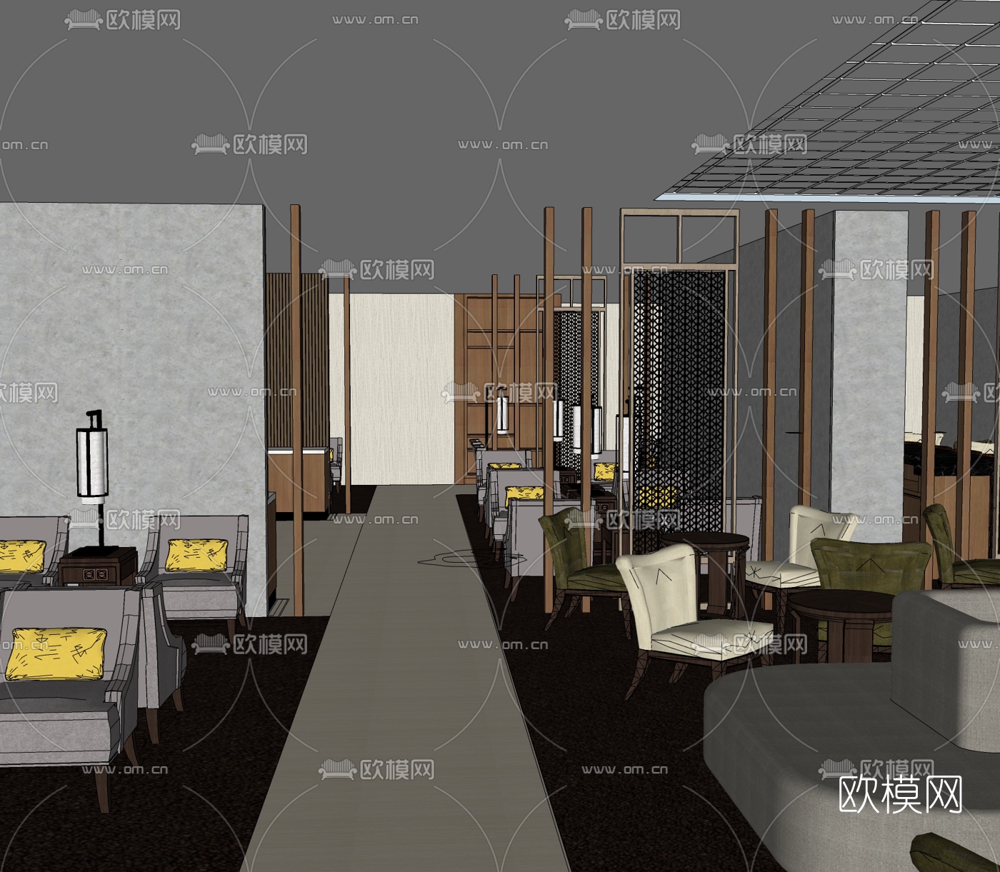 新中式酒店大堂吧su模型