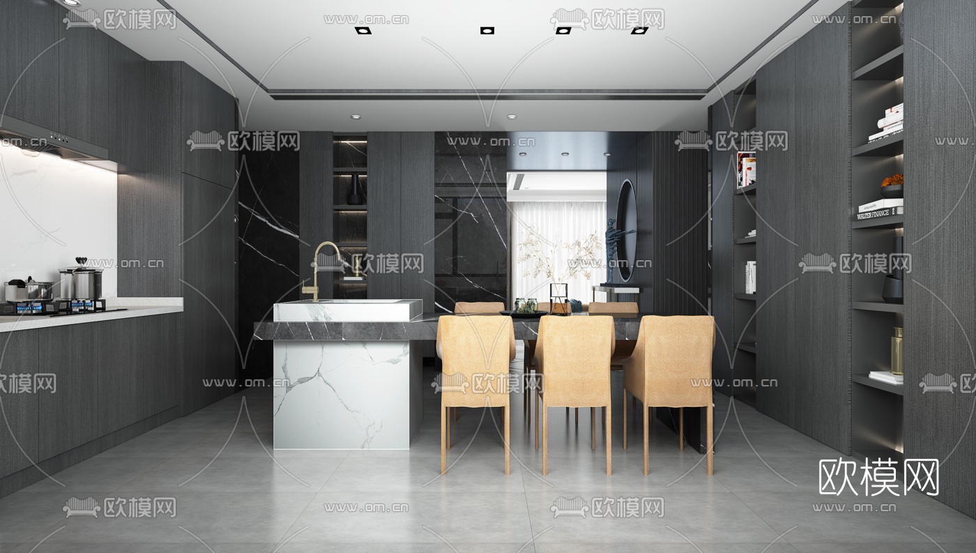 现代高级灰客厅餐厅3d模型
