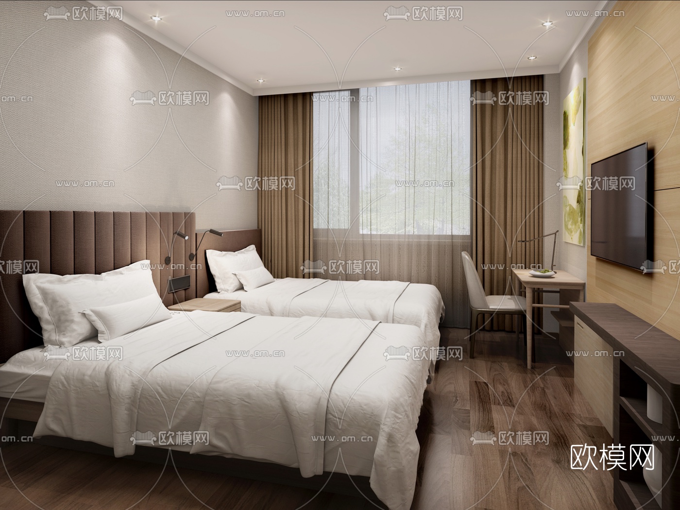 现代酒店双人间模型SU模型下载[ID:108744826]_建E室内设计网