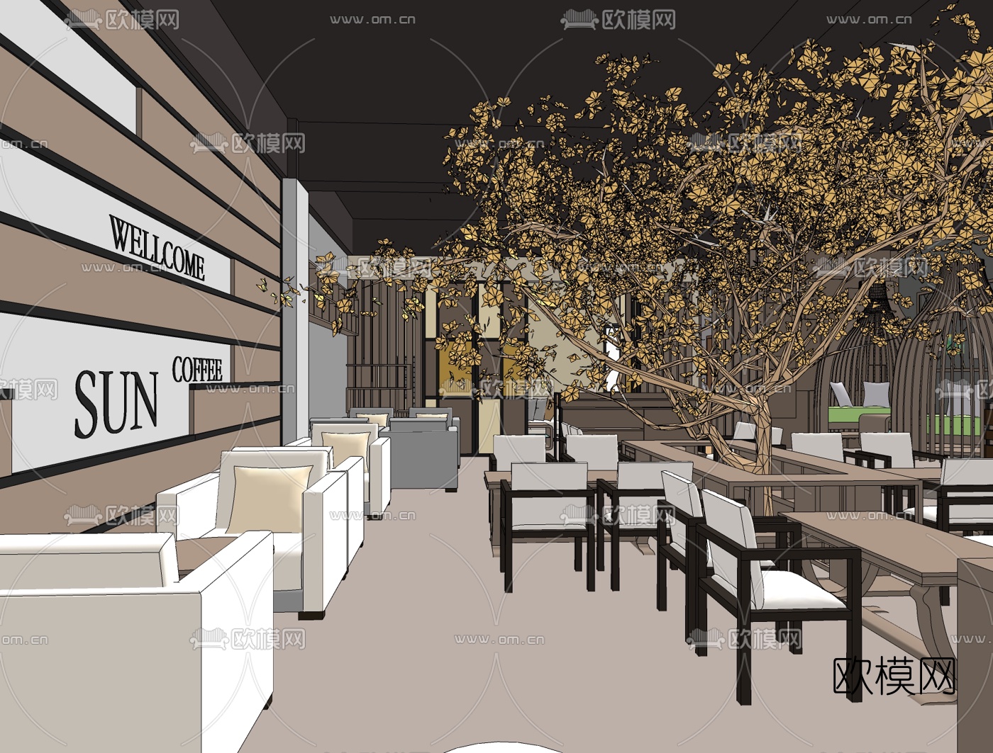 现代简约咖啡厅免费su模型下载（渲染图1）