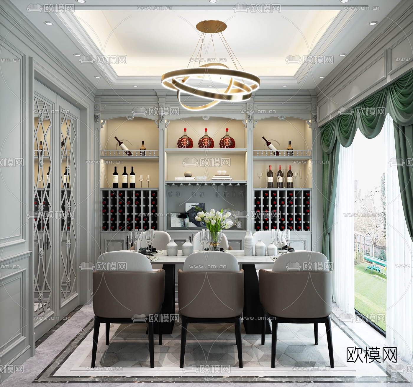 欧式客厅餐厅3d模型下载（渲染图2）