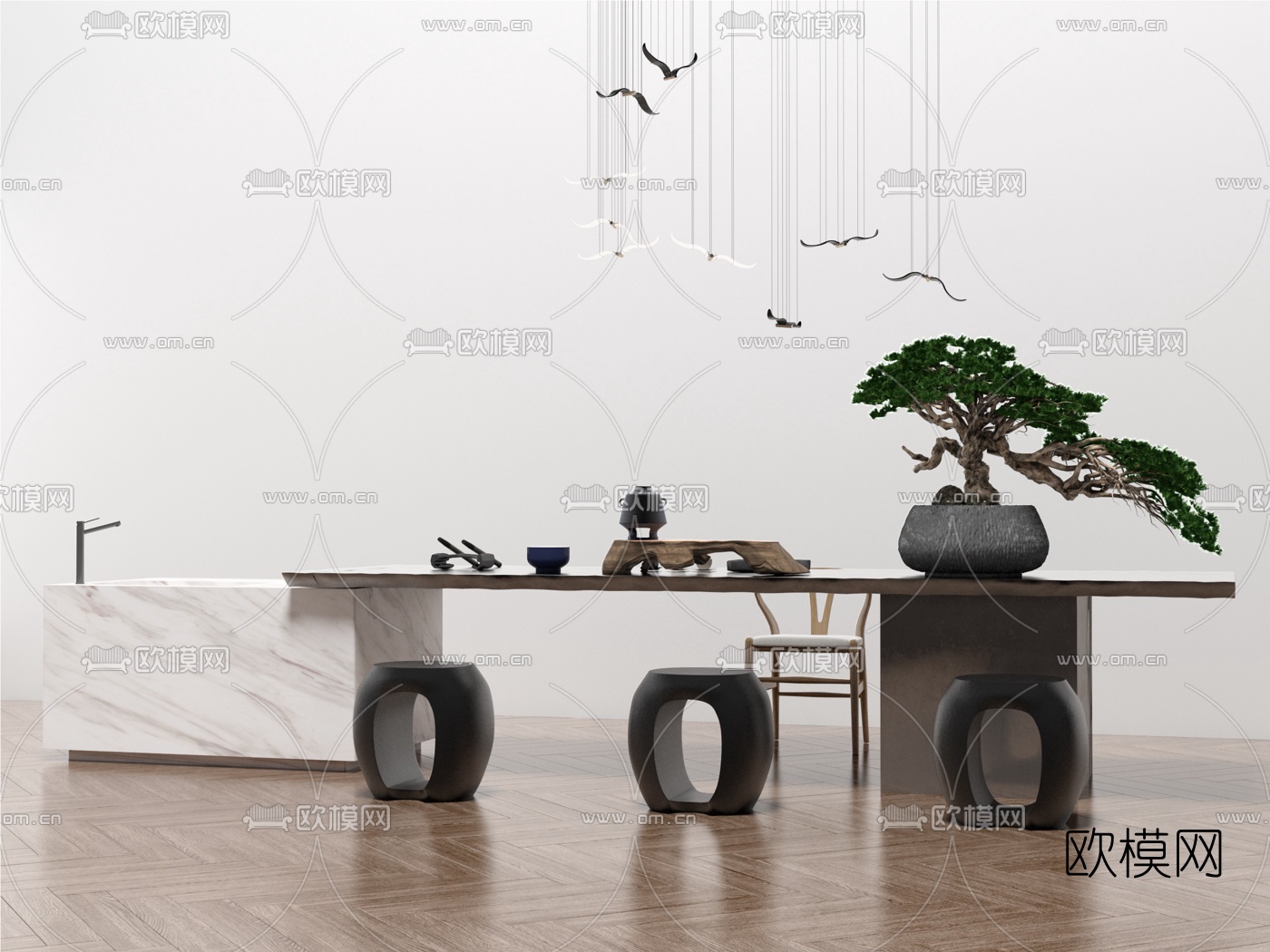 新中式茶桌椅3d模型