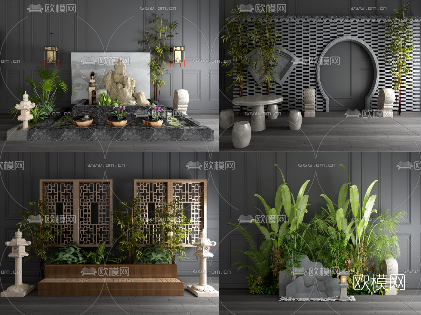 新中式盆栽假山园艺小品3d模型下载（渲染图1）