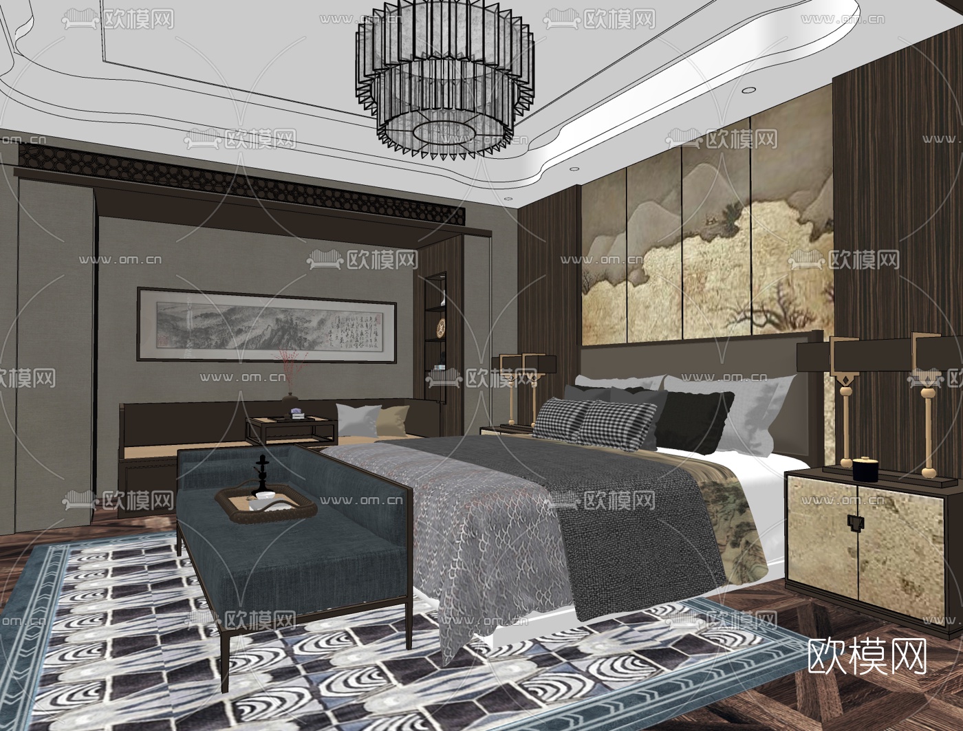 中式卧室主人房su模型下载