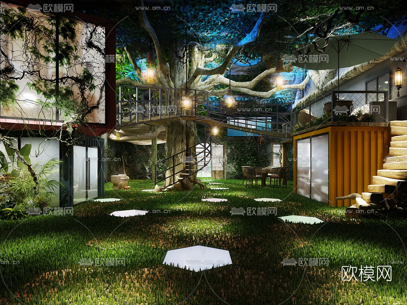 自然风民宿会所中庭3d模型