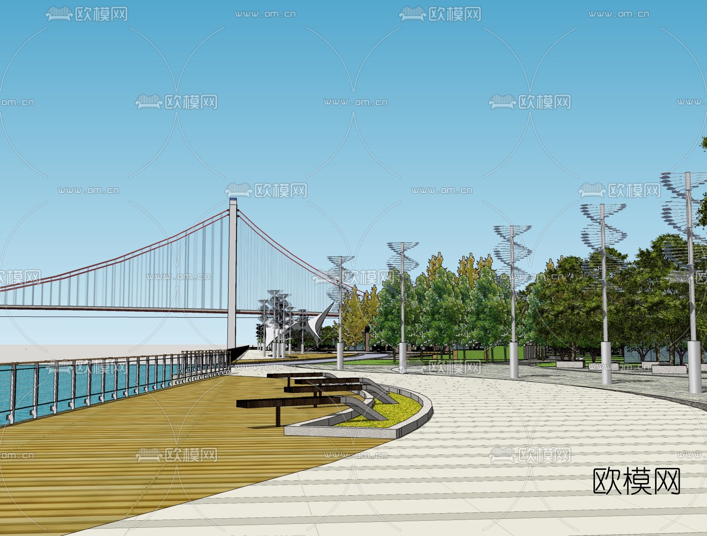 现代沿河景观免费su模型下载