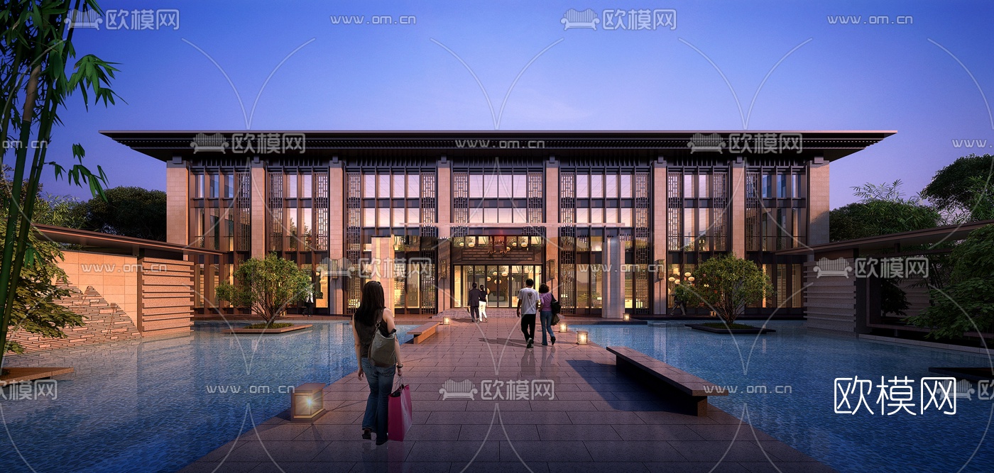 新中式售楼处外观su模型下载（渲染图1）