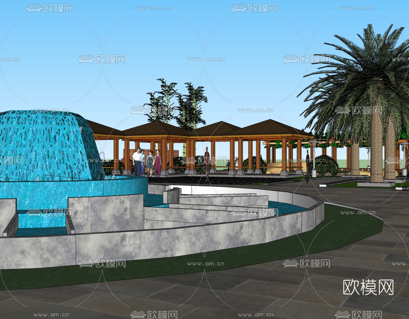 东南亚广场景观免费su模型下载（渲染图1）