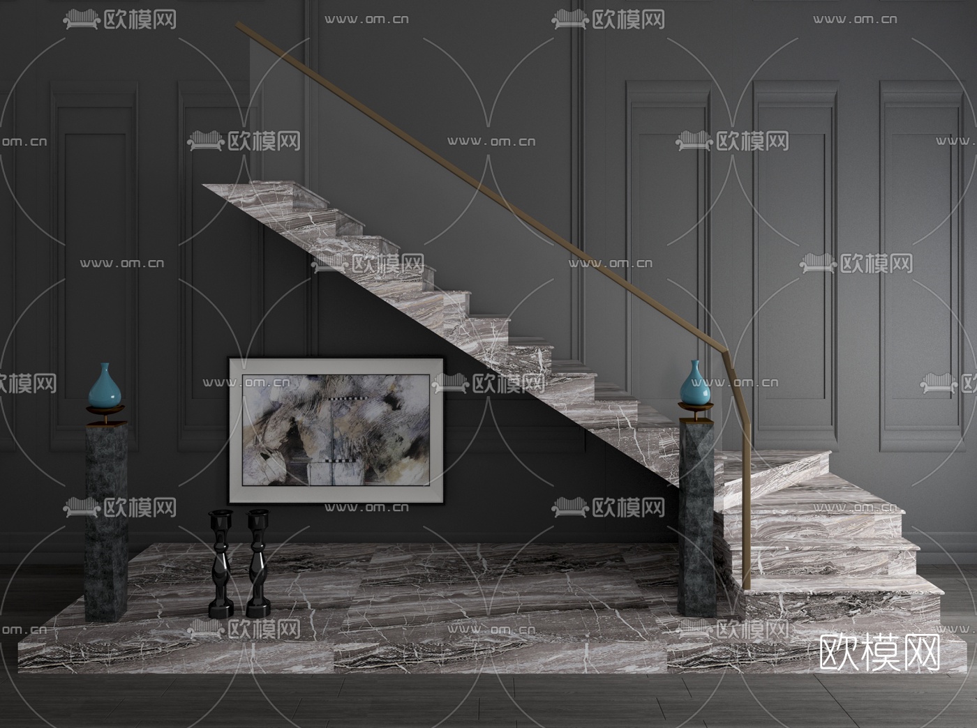 现代楼梯玻璃扶手栏杆3d模型下载（渲染图3）