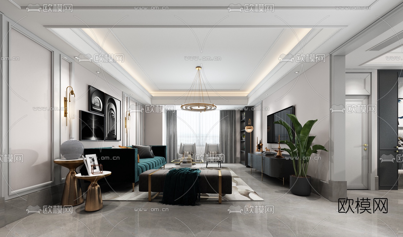 现代轻奢客厅餐厅3d模型-免费3dmax模型库-欧模网
