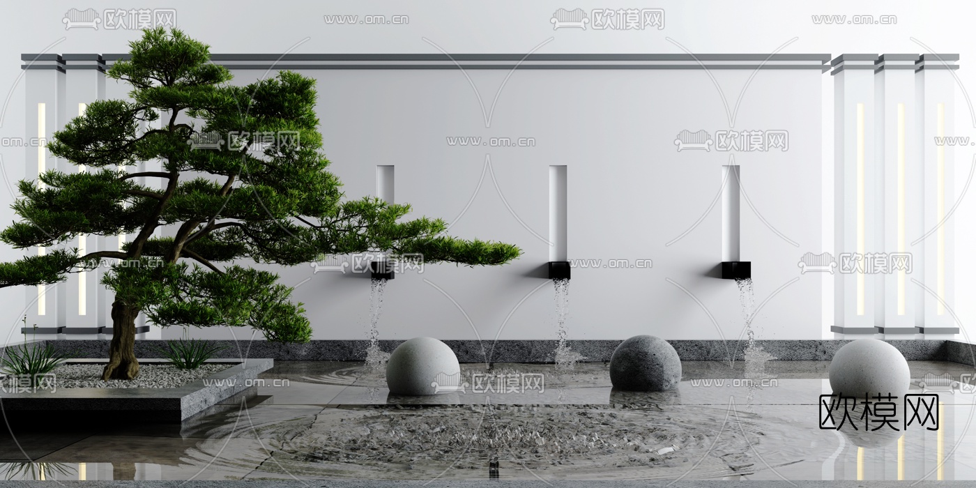 新中式庭院景观流水景观松树3d模型