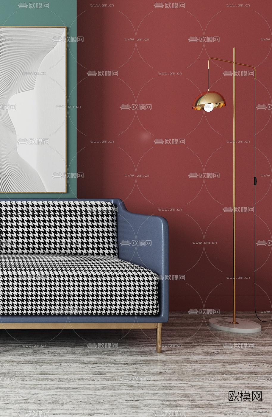 现代轻奢双人沙发落地灯3d模型下载（渲染图2）