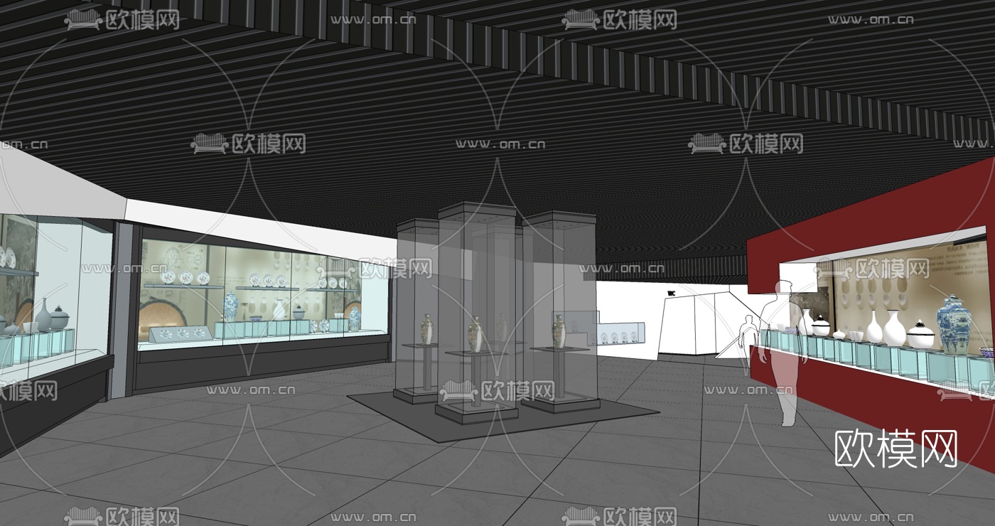 中式文化艺术展厅su模型下载（渲染图1）