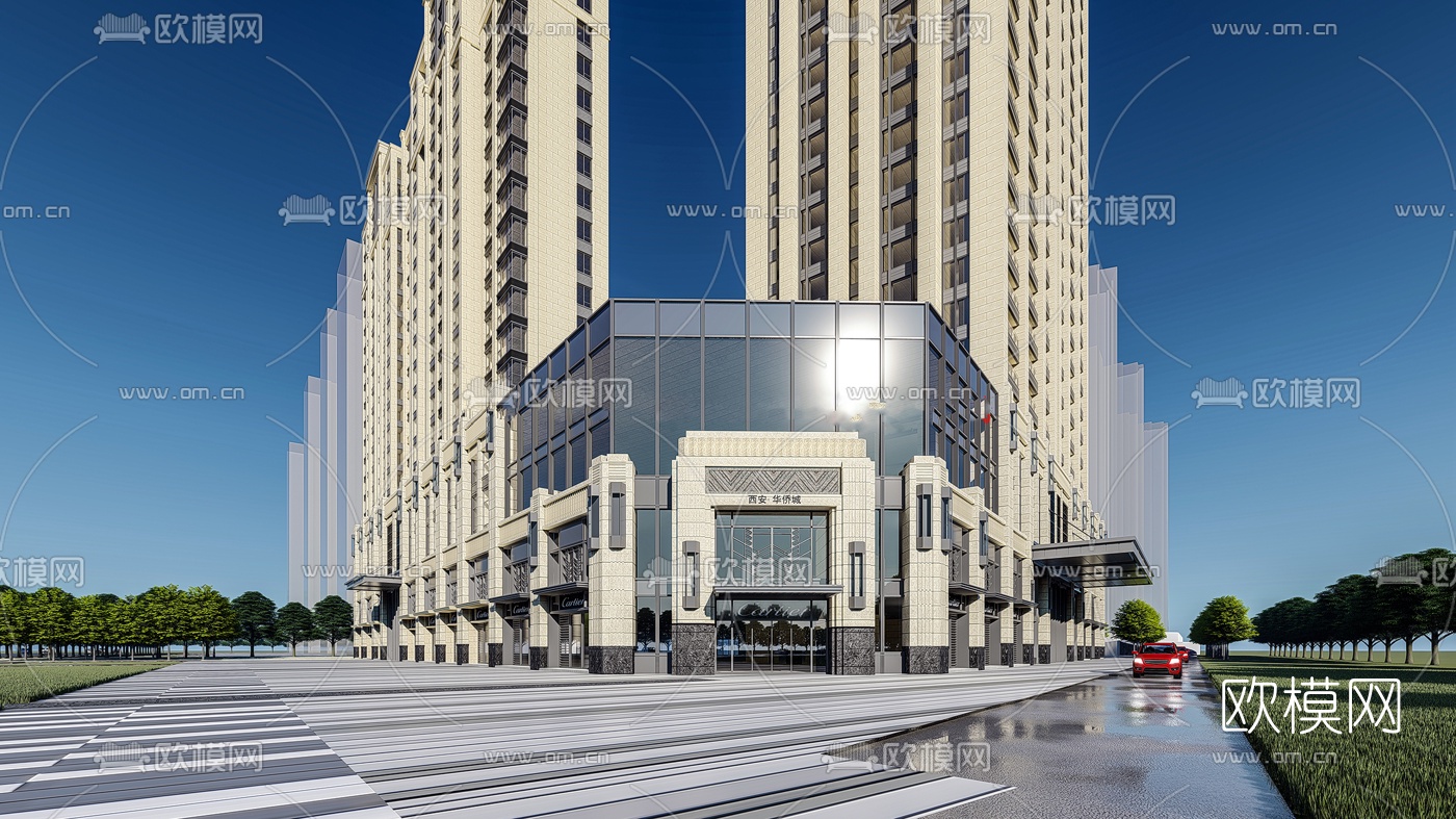 简欧住宅小区外观su模型下载（渲染图1）