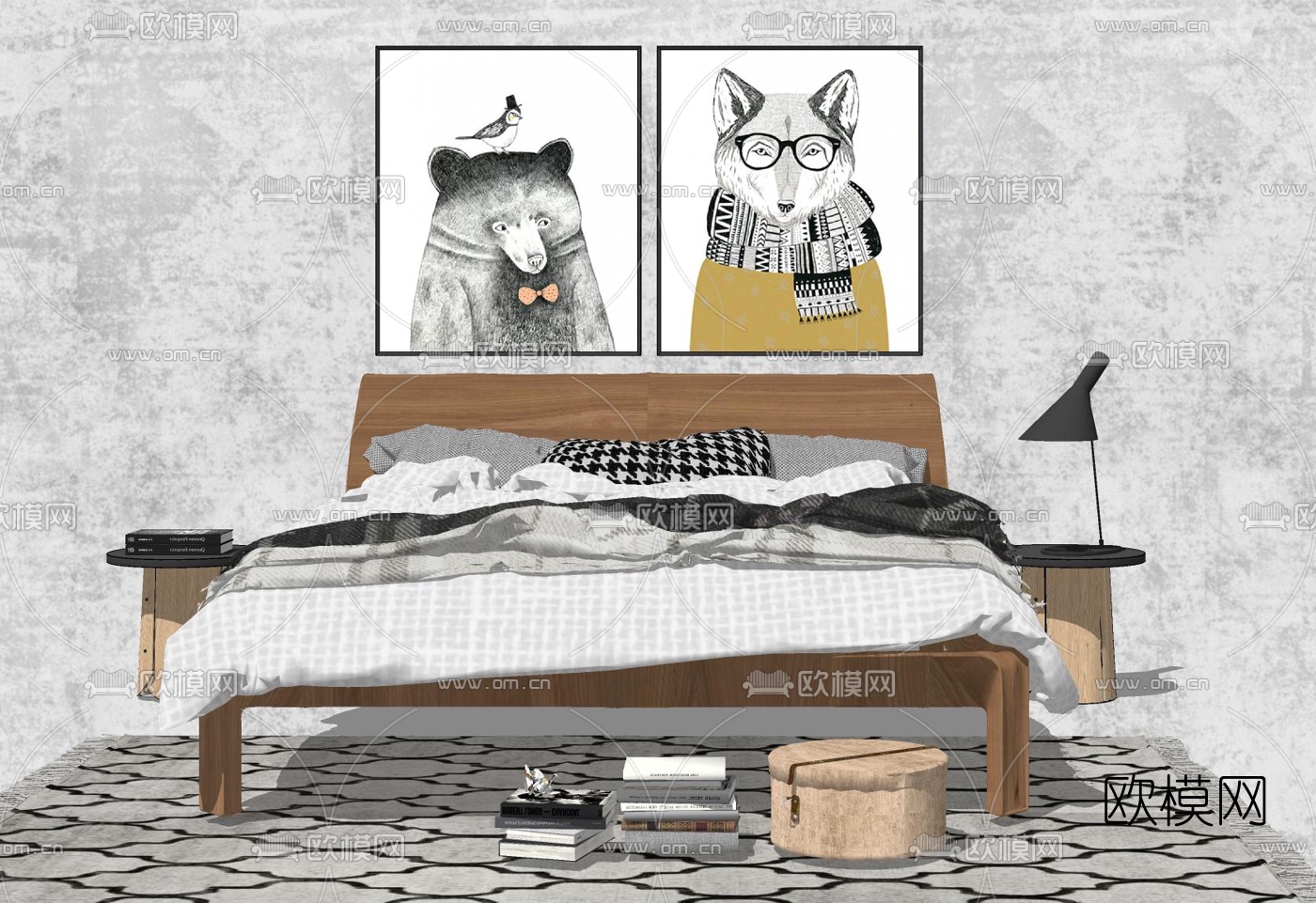 现代双人床su模型下载