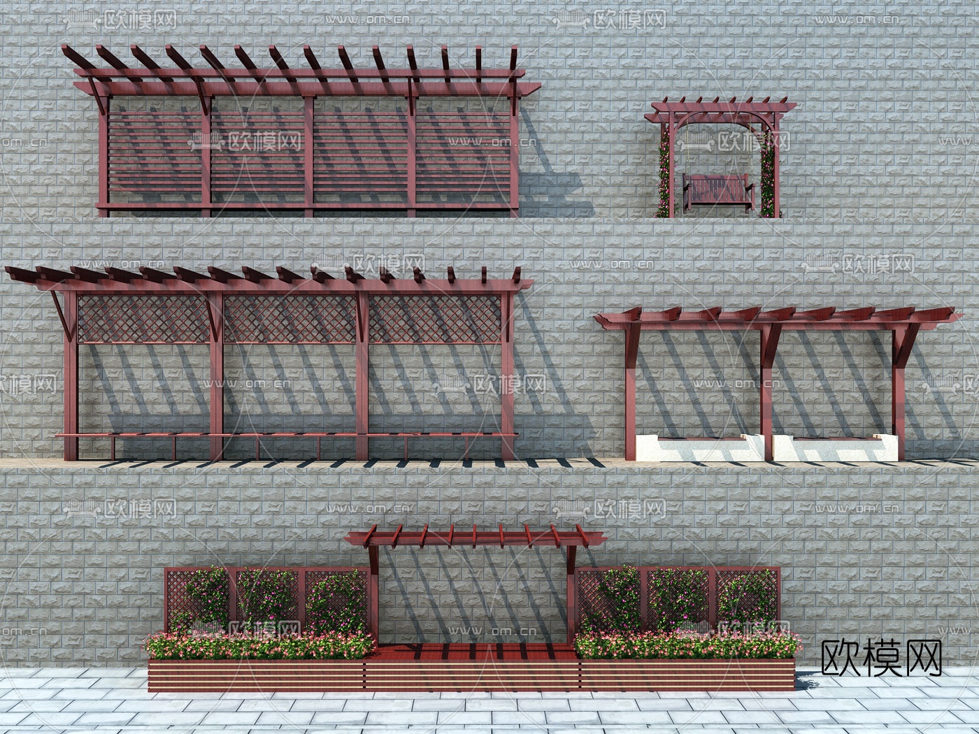 新中式廊架花架秋千3d模型下载（渲染图1）