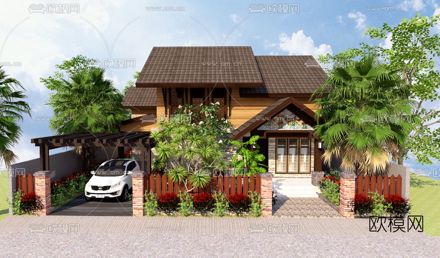 东南亚别墅外观su模型下载（渲染图1）