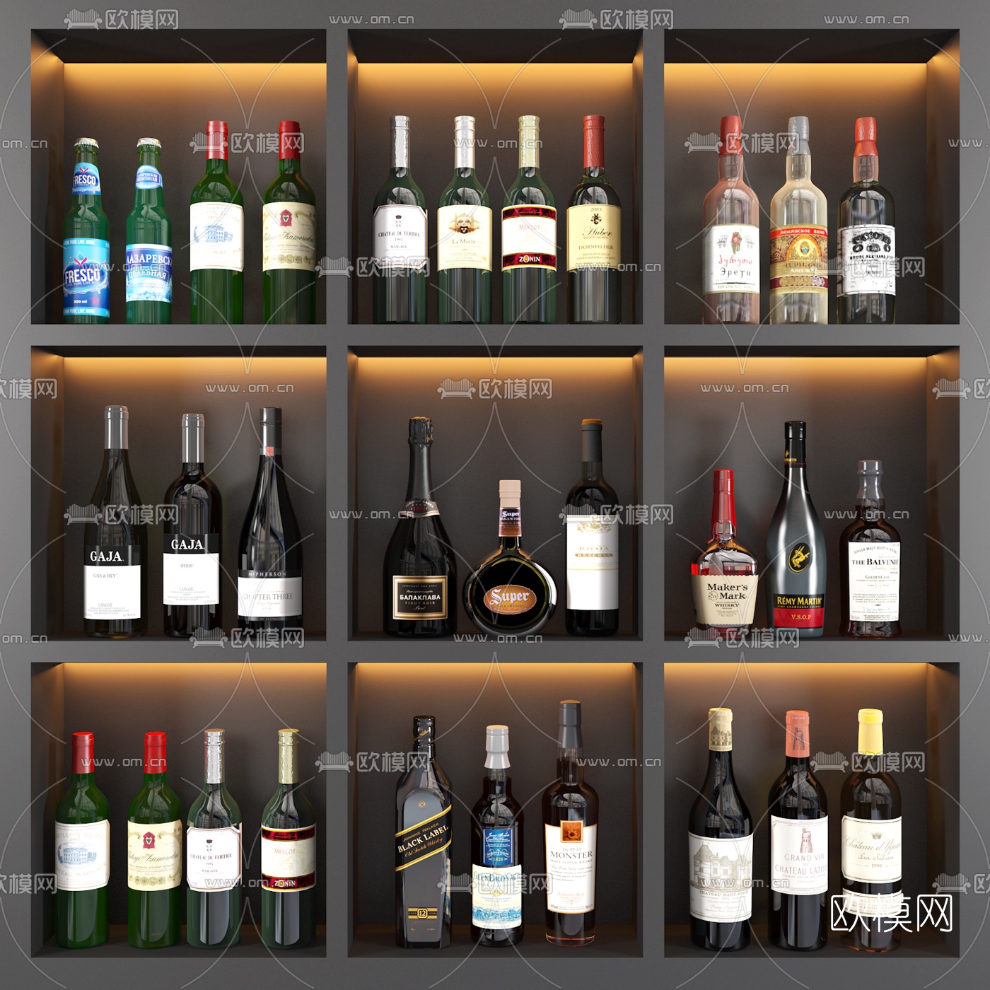 简欧红酒洋酒瓶组合3d模型