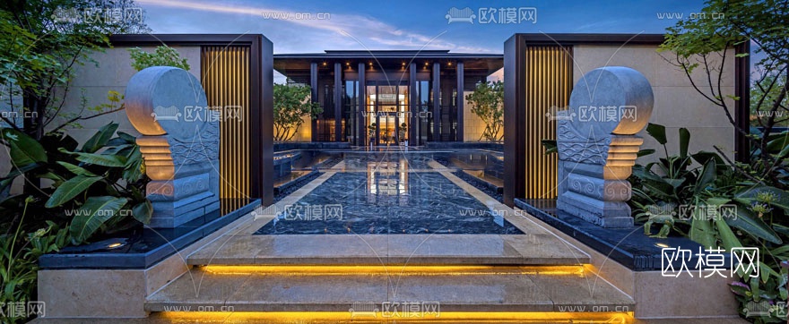 新中式售楼部建筑外观su模型下载（渲染图3）