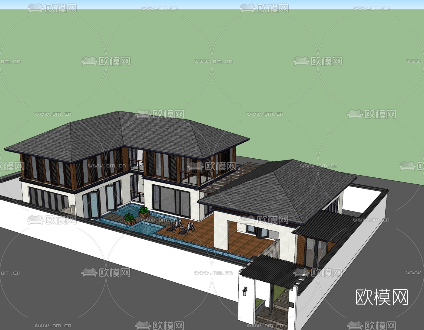 新中式别墅院落免费su模型-免费3dmax模型库-欧模网