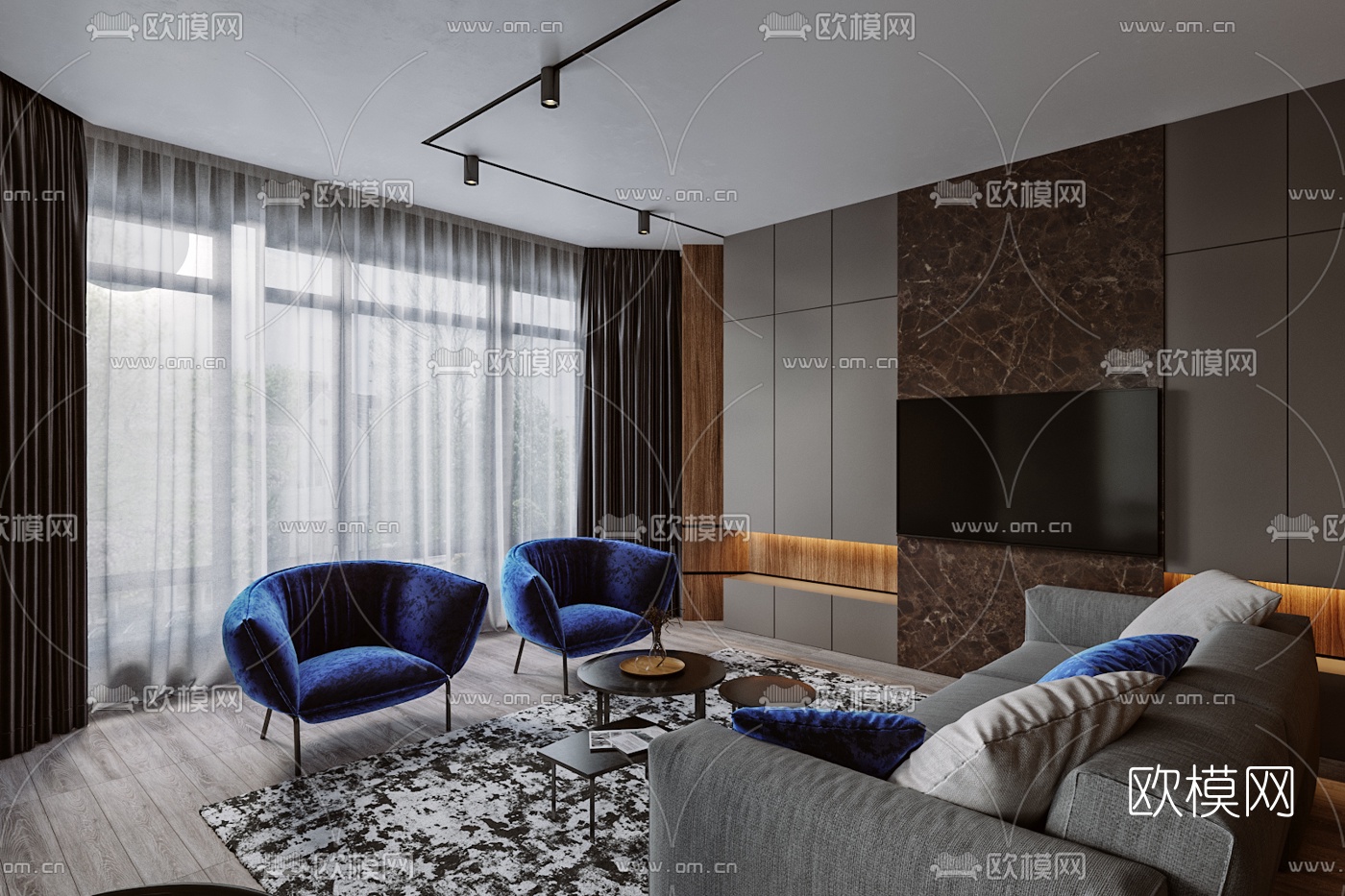 现代高级灰客厅餐厅3d模型下载（渲染图2）