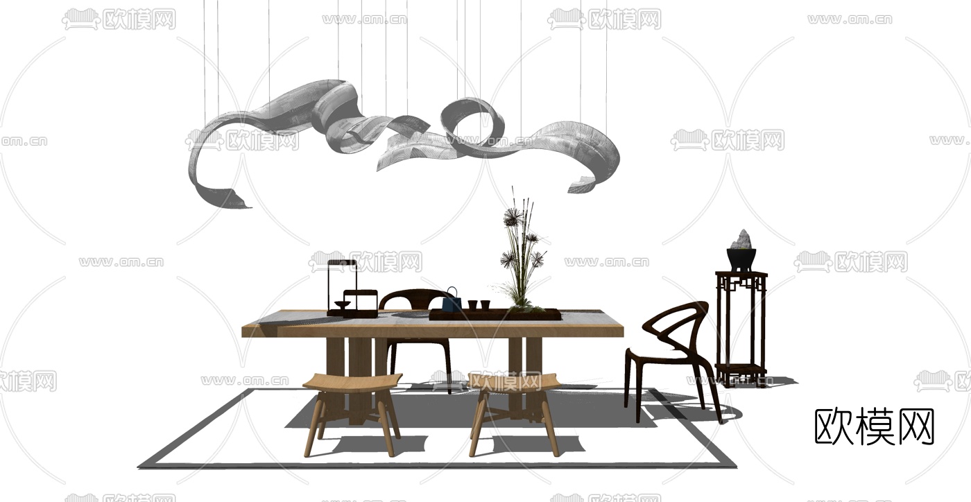 新中式茶桌椅su模型下载