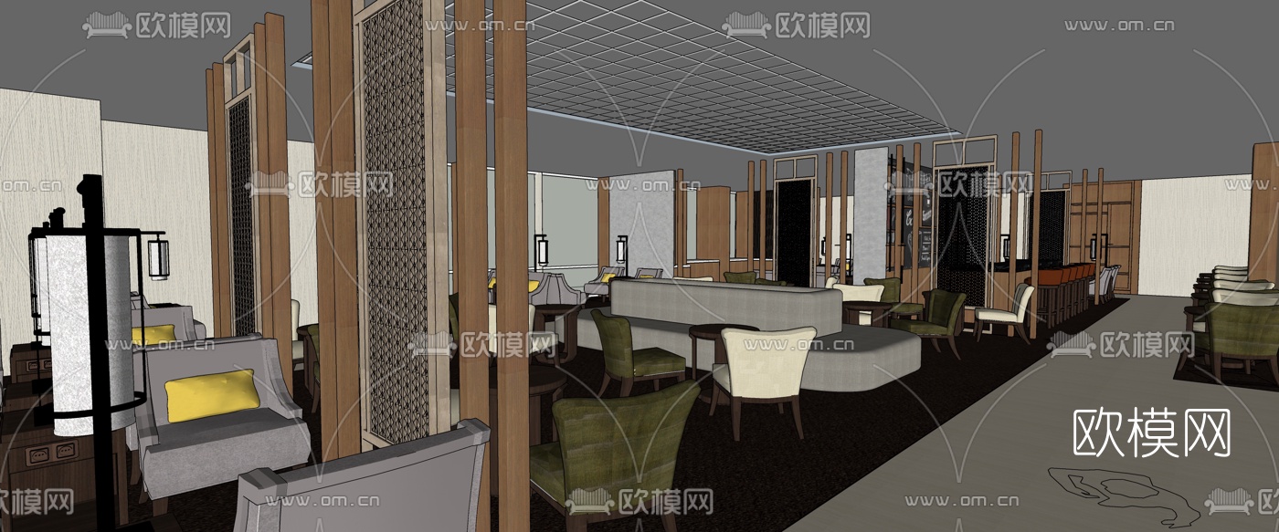 新中式酒店大堂吧su模型