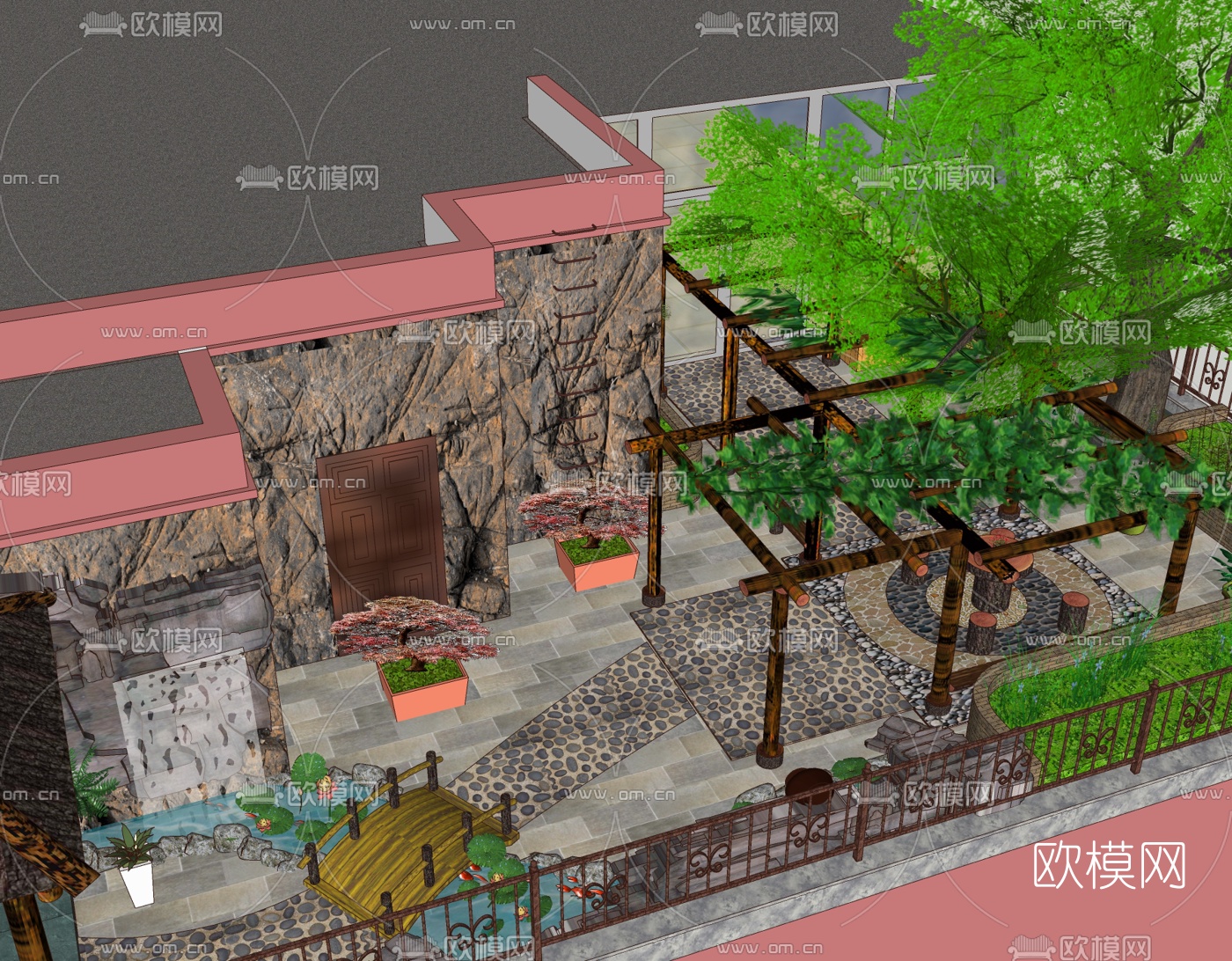 中式庭院花园免费su模型下载