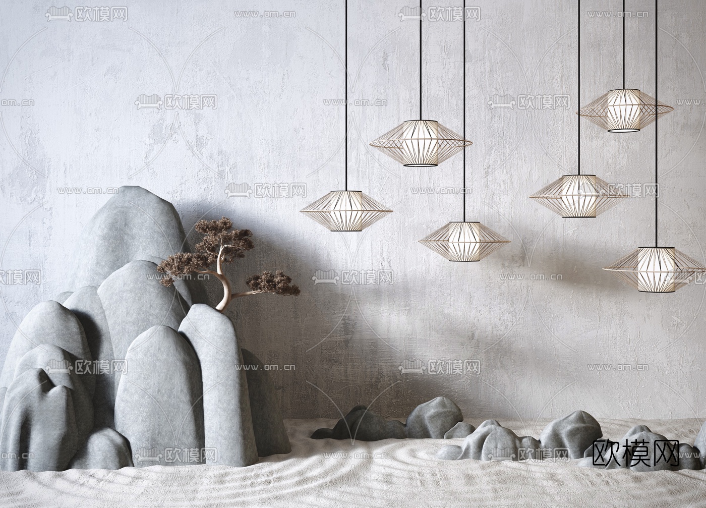 新中式禅意假山石头园艺小品3d模型下载