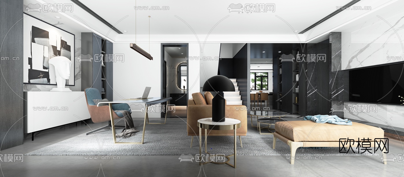 现代高级灰客厅餐厅3d模型