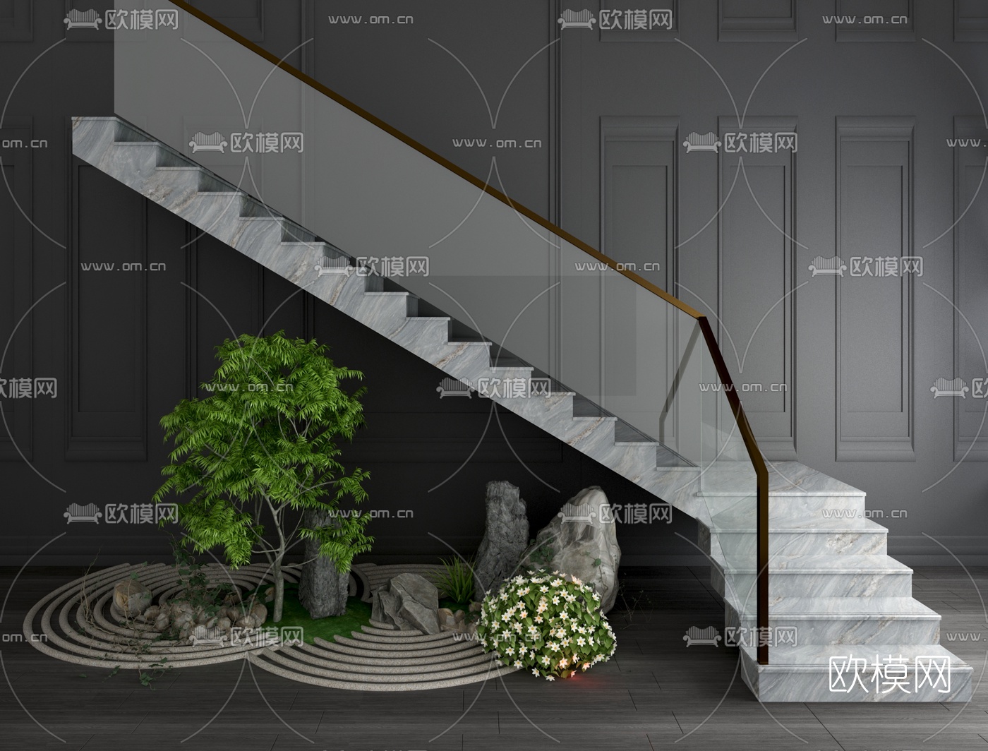 现代楼梯玻璃扶手栏杆3d模型下载（渲染图5）