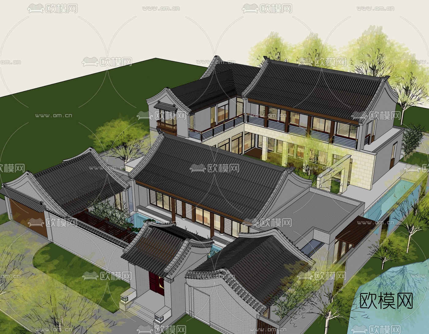 中式四合院免费su模型下载