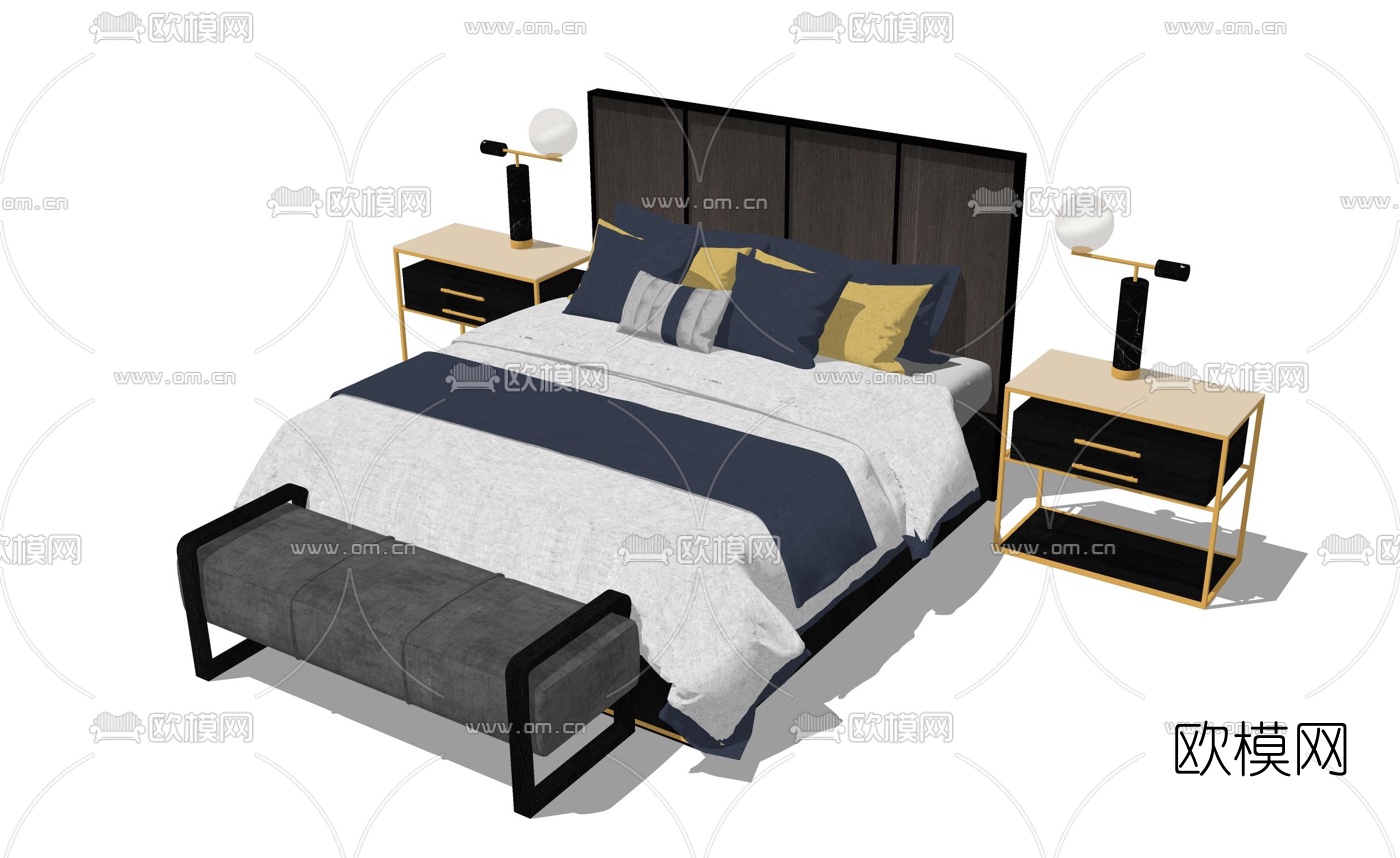 新中式双人床su模型下载
