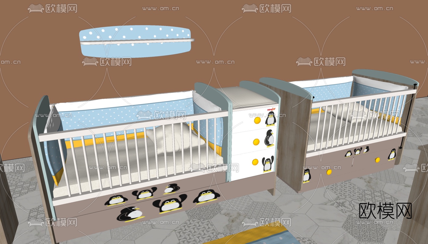 现代实木婴儿床边柜su模型下载（渲染图3）